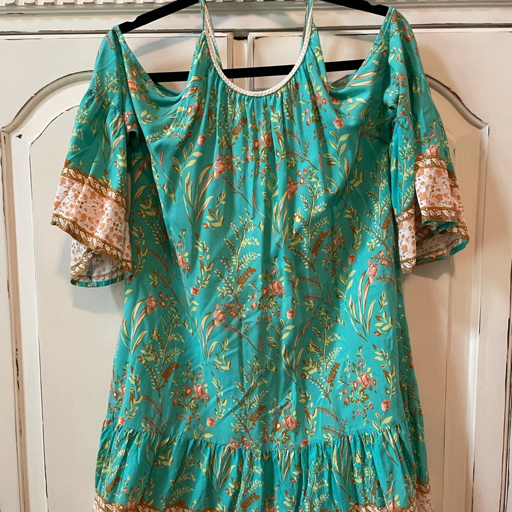 Floral Off-Shoulder Dress in Teal and Beige